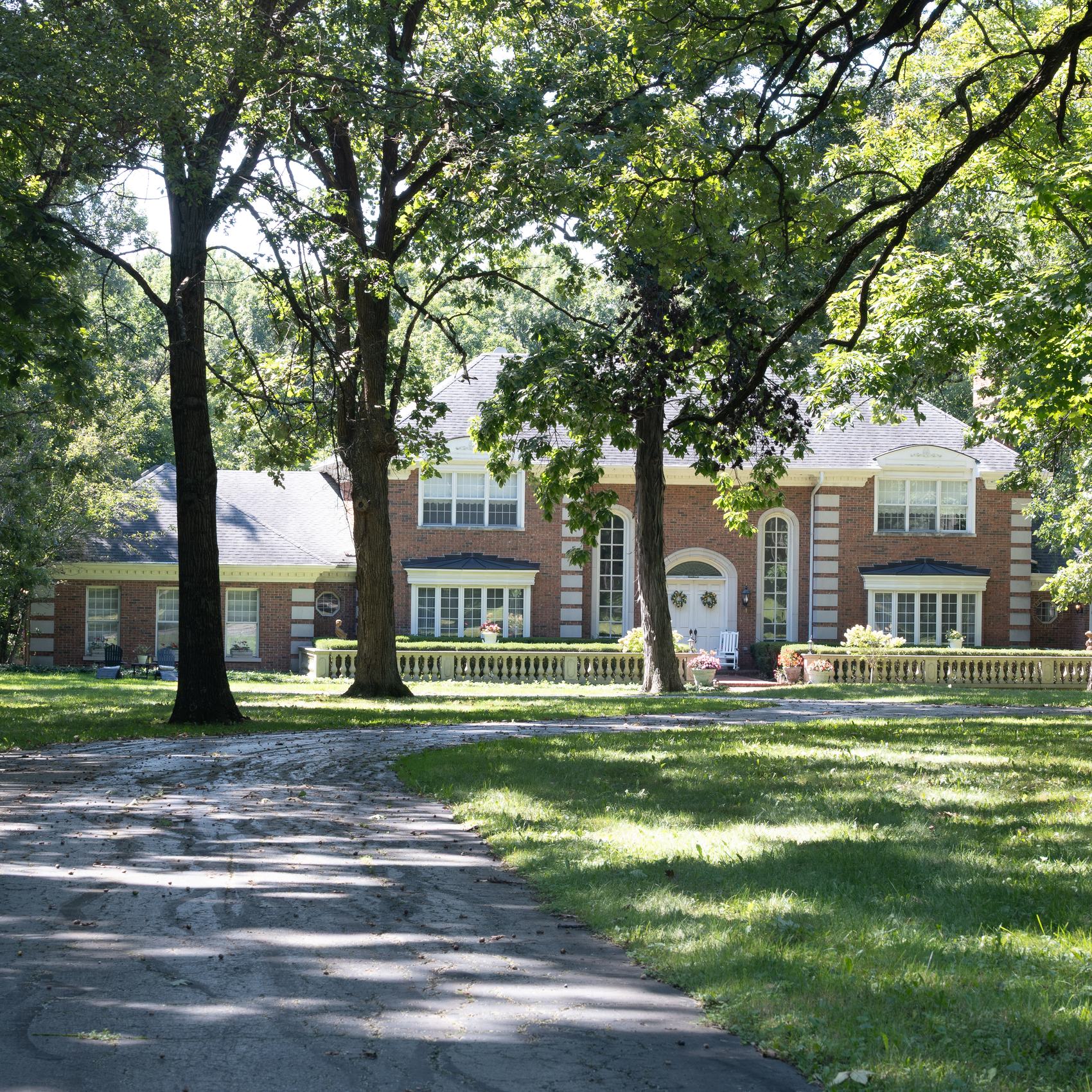 The tree-lined drive approaching the mansion